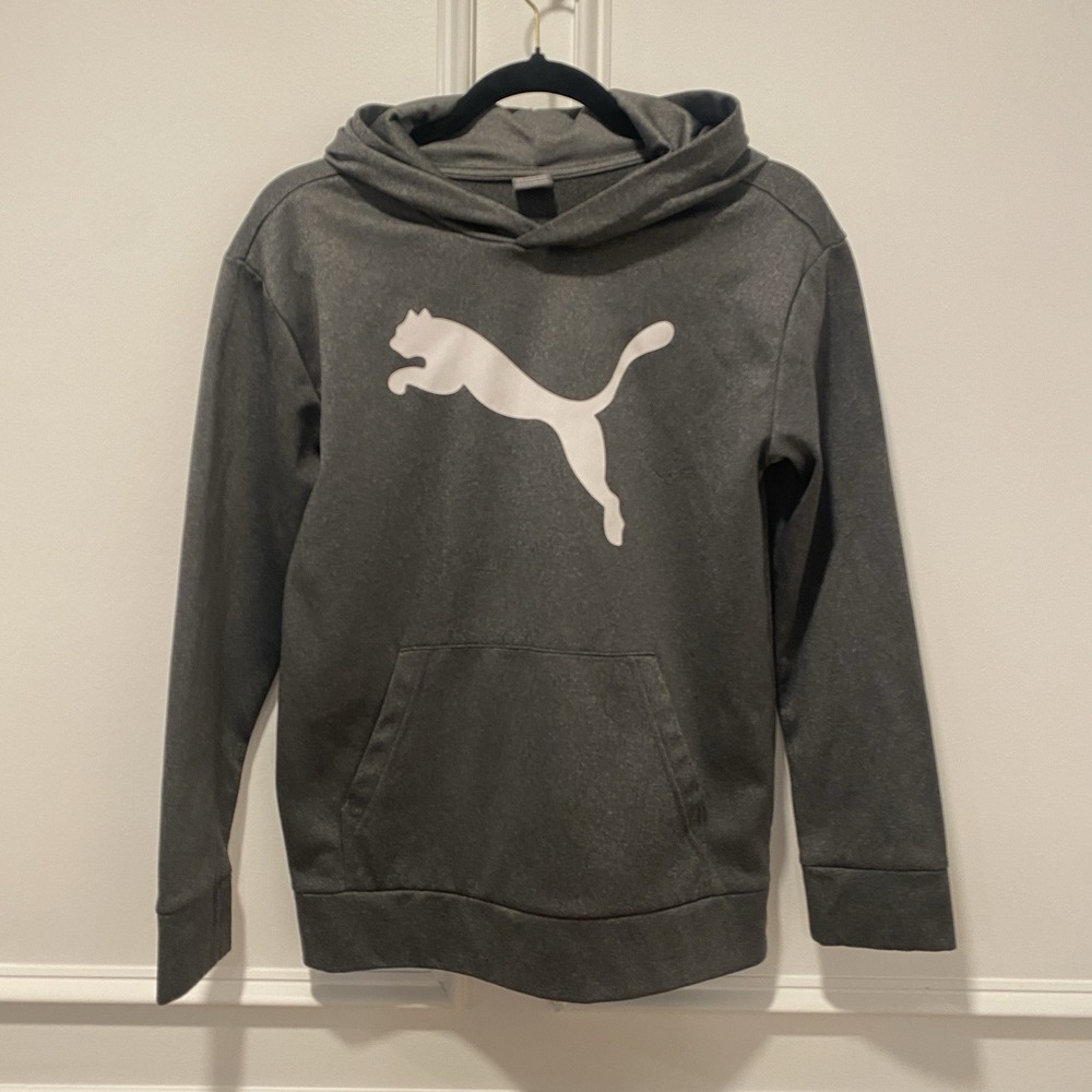 Puma Hoodie Youth Size L (14/16) Gray White Logo Pullover Sweatshirt